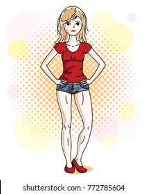 Happy pretty young blonde woman standing on colorful background with bubbles and wearing casual clothes. Vector character. 