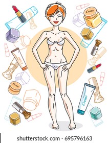 Happy pretty young red-haired woman in underwear standing on colorful background with cosmetic accessories like lipstick, blusher and creme. Vector character. 