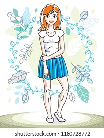 Happy pretty young redhead woman standing on background of spring ecology landscape with delicate blue leaves and wearing fashionable casual clothes. Vector character.