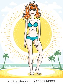 Happy pretty young redhead woman standing on tropical beach with palms and wearing swimming suit. Vector character.