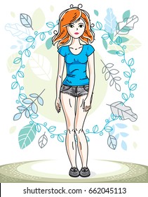 Happy pretty young redhead woman standing on background of spring landscape and wearing fashionable casual clothes. Vector character.