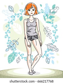 Happy pretty young redhead woman standing on background of spring landscape and wearing fashionable casual clothes. Vector character.