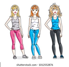 Happy pretty young women standing wearing stylish sport clothes. Vector diversity people illustrations set.