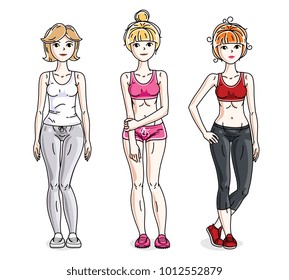 Happy pretty young women standing wearing stylish sport clothes. Vector diversity people illustrations set. Lifestyle theme fem characters.