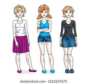Happy pretty young women standing wearing casual clothes. Vector set of beautiful people illustrations. Fashion and lifestyle theme cartoons.