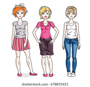 Happy pretty young women standing wearing fashionable casual clothes. Vector set of beautiful people illustrations. Fashion and lifestyle theme cartoons.