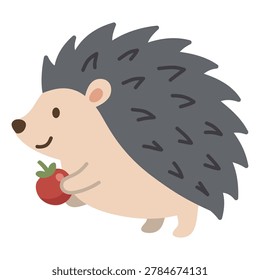 Happy prickle hedgehog walking happily while clutching a big red apple.
