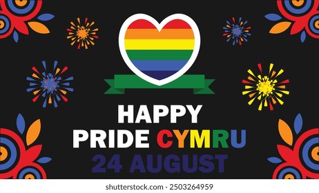 Happy Pride Cymru vector banner design with geometric shapes and vibrant colors on a horizontal background. Happy Happy Pride Cymru modern minimal poster.