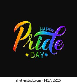 Happy Pride Day 3d lettering colors of the rainbow on black background. Gay Pride concept. LGBTQ rights slogan. Easy to edit vector template for banner, poster, t-shot, flyer, sticker, badge.