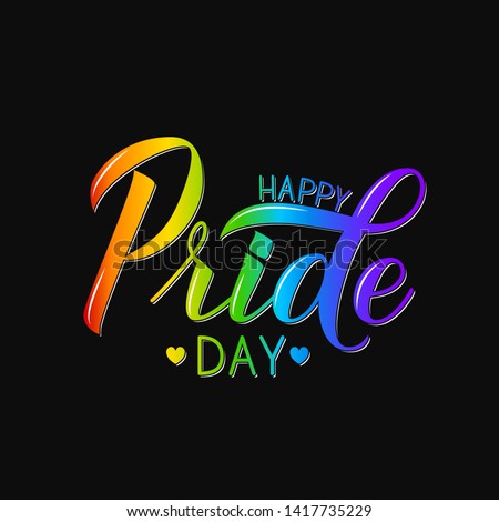 Happy Pride Day 3d lettering colors of the rainbow on black background. Gay Pride concept. LGBTQ rights slogan. Easy to edit vector template for banner, poster, t-shot, flyer, sticker, badge.