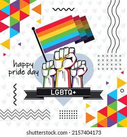 Happy Pride day banner with modern retro abstract background design. Colorful Rainbow LGBT rights campaign. Lesbians, gays, bisexuals, transgenders, queer. Raised fists. LGBTQ community.