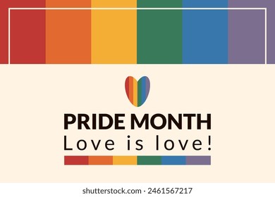 Happy pride day banner. Poster with text and rainbow. Love is love. Retro colors. Vector illustration