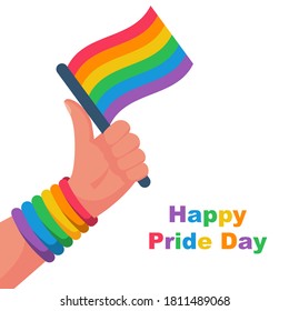 Happy pride day. Colored flag as symbol of freedom and bandage on hand. Gay pride concept. Flag LGBT.  Vector illustration flat design. Isolated on white background. Printable banner and web template.