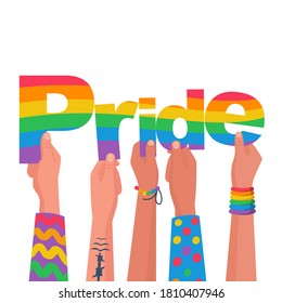 Happy pride day. Colored letters in the hands of gay bisexuals and freedom fighters. Flag as symbol of freedom. Word pride concept. Vector illustration flat design. Printable banner and web template.