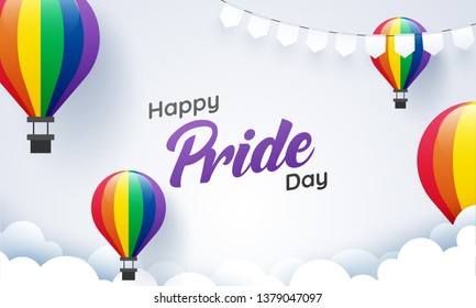 Happy Pride Day concept with rainbow color hot air balloons for LGBTQ community.