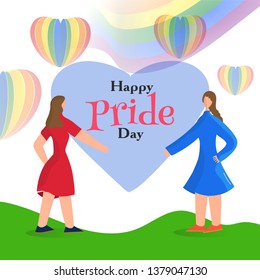 Feliz Día del Orgullo con jóvenes parejas lesbianas y globos de aire caliente color arcoiris sobre el fondo.