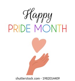 Happy Pride day with hand giving heart vector illustration. Lgbt community color