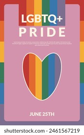 Happy pride day. LGBTQIA. Rainbow background and heart. Event or festival concept. Retro vector illustration 
