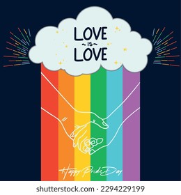 Happy pride day poster Cloud with rainbow and hands Vector