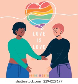 Happy pride day poster Cute couple cartoon and heart shape Vector