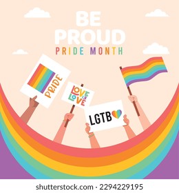 Happy pride day poster Hands holding rainbow flags Vector