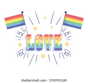 feliz día del orgullo, banderas arco iris aman la celebración de la comunidad LGBT ilustración vectorial