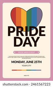 Happy pride day. Rainbow heart. Holiday party invitation. Event or festival concept. Retro vector illustration 
