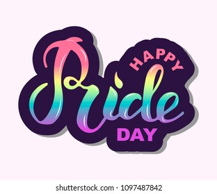 Happy Pride day text isolated on background. Hand drawn lettering Pride as logo, badge, icon, patch. Template for lgbt community, party invitation, carnival, festival, parade, greeting card, web