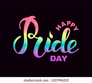 Happy Pride day text isolated on black background. Handwritten lettering Pride as logo, badge, icon, patch. Template for lgbt community, party invitation, carnival, parade, greeting card, web