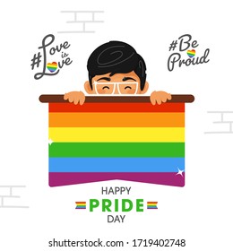 Happy Pride Day vector illustration with young boy showing rainbow color flag, Be Proud, Love is Love Concept.