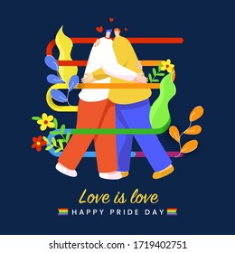 Happy Pride Day vector illustration with young gay couple embrace on beautiful background. Love is Love concept. 