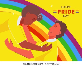 Happy Pride Day vector illustration with young gay couple embrace to each other on rainbow color background. 