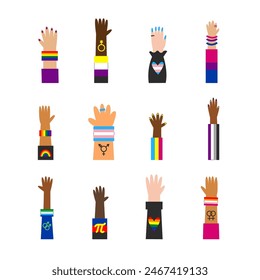 Happy pride elements set. Diverse white and bipoc raised hands with gay, lesbian, asexual, bisexual, pansexual rainbow lgbt symbols. Vector flat illustration.