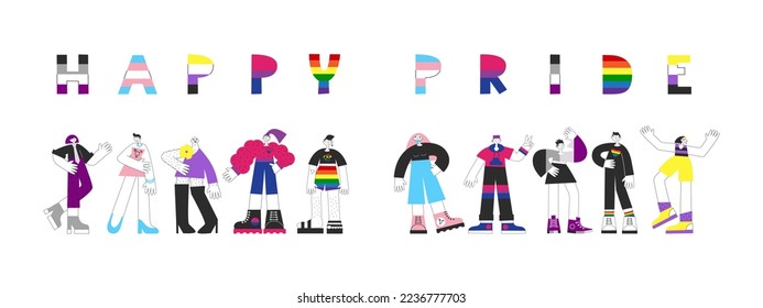 Happy pride flag quote card with people. Rainbow lgbt lettering. Gay lesbian bisexual non-binary transgender asexual equality, awareness, visibility, rights. Vector flat illustration.