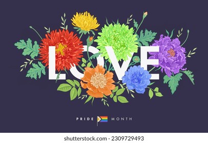 Herzlichen Glückwunsch zum Blumenposter, Webbanner oder Grußkarte. Wortliebe und handgezeichnete detaillierte Blumen auf dunklem Hintergrund. Farbton. Lgbtq+-Flag. Vektorgrafik