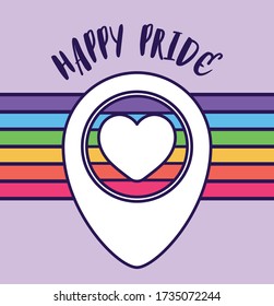 Happy pride and heart inside gps mark in front of lgtbi flag design, sexual orientation and identity theme Vector illustration