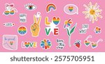Happy Pride LGBTQ element set. LGBTQ community symbols with groovy retro elements. Pride month stickers with slogans and phrases. Hand drawn flat design vector illustrations.
