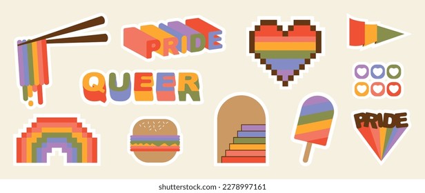 Happy Pride LGBTQ element set. LGBTQ community symbols with hamburger, flag, heart, quote. Elements illustrated for pride month, bisexual, transgender, gender equality, sticker, rights concept.