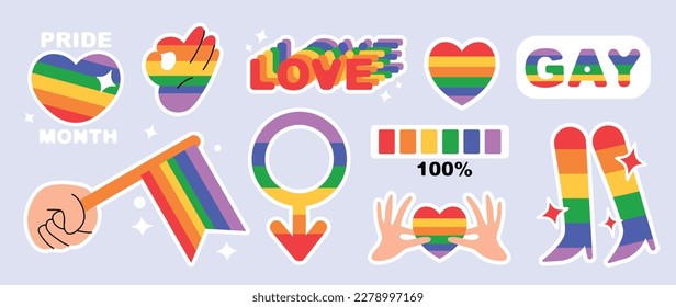 Happy Pride LGBTQ element set. LGBTQ community symbols with shoe, emoji, flag, heart, quote. Elements illustrated for pride month, bisexual, transgender, gender equality, sticker, rights concept.