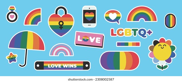 Happy Pride LGBTQ element set. LGBTQ community symbols with rainbow flag, heart, telephone. Elements illustrated for pride month, bisexual, transgender, gender equality, sticker, rights concept.