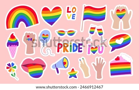 Happy Pride LGBTQ element set. LGBTQ community symbols with floral rainbow, flag, ice cream, cake. Elements illustrated for pride month, bisexual, transgender, gender equality, sticker, rights concept