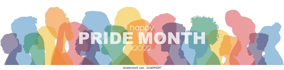 Happy Pride Month 2022 banner. People stand side by side together. Flat vector illustration.