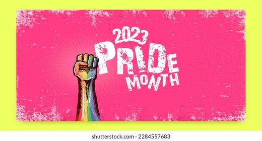 Feliz mes de orgullo 2023 afiche horizontal con el puño LGBT marcado con la bandera lgbt aislado en un fondo rosado. Mes del Orgullo LGBT 2023 y plantilla de diseño de afiches del Día del Orgullo LGBT. Lucha por tus derechos LGBT