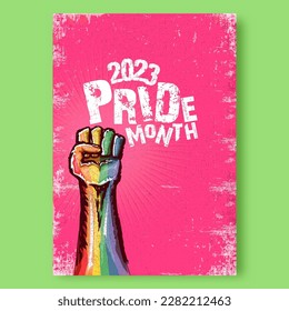 Happy pride month 2023 poster with Rised LGBT fist colored in lgbt flag isolated on pink background. LGBT Pride month 2023 and pride day poster design template. Fight for your LGBT rights concept