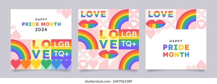 Happy Pride Month 2024 banner, greeting card, poster, cover set. LGBT colorful rainbow concept. Trendy minimalist geometric background. LGBTQ community flag. Vector social media template.