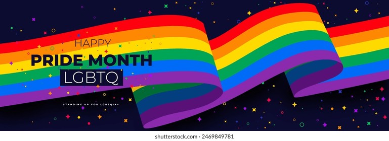 Happy pride month 2024 banner with pride color striped ribbon flag. LGBT Pride month or pride day invitation party card, poster, flyer, modern style design template. Blue vector background.