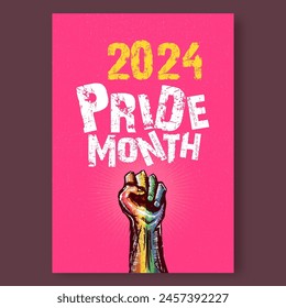 Happy pride month 2024 poster with Rised LGBT fist colored in lgbt flag isolated on pink background. LGBT Pride month 2024 perfect background for posters, cover art, flyer, banner. 