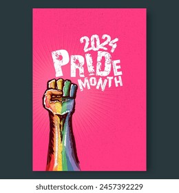 Afiche del Feliz Mes del Orgullo 2024 con el puño LGBT levantado coloreado en la bandera lgbt aislado sobre fondo rosa. Orgullo LGBT mes 2024 fondo perfecto para carteles, arte de portada, volante, Anuncio. 