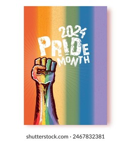 Happy pride month 2024 poster with Rised LGBT fist colored in lgbt flag isolated on rainbow background. LGBT Pride month 2024 perfect background for posters, cover art, flyer, banner.