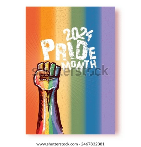 Happy pride month 2024 poster with Rised LGBT fist colored in lgbt flag isolated on rainbow background. LGBT Pride month 2024 perfect background for posters, cover art, flyer, banner.